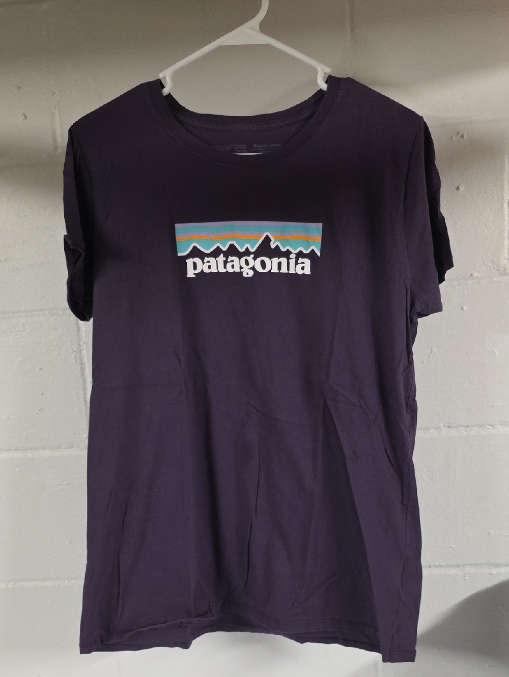 Patagonia Men's Dark Purple Logo Tee with Multicolor Mountain Print